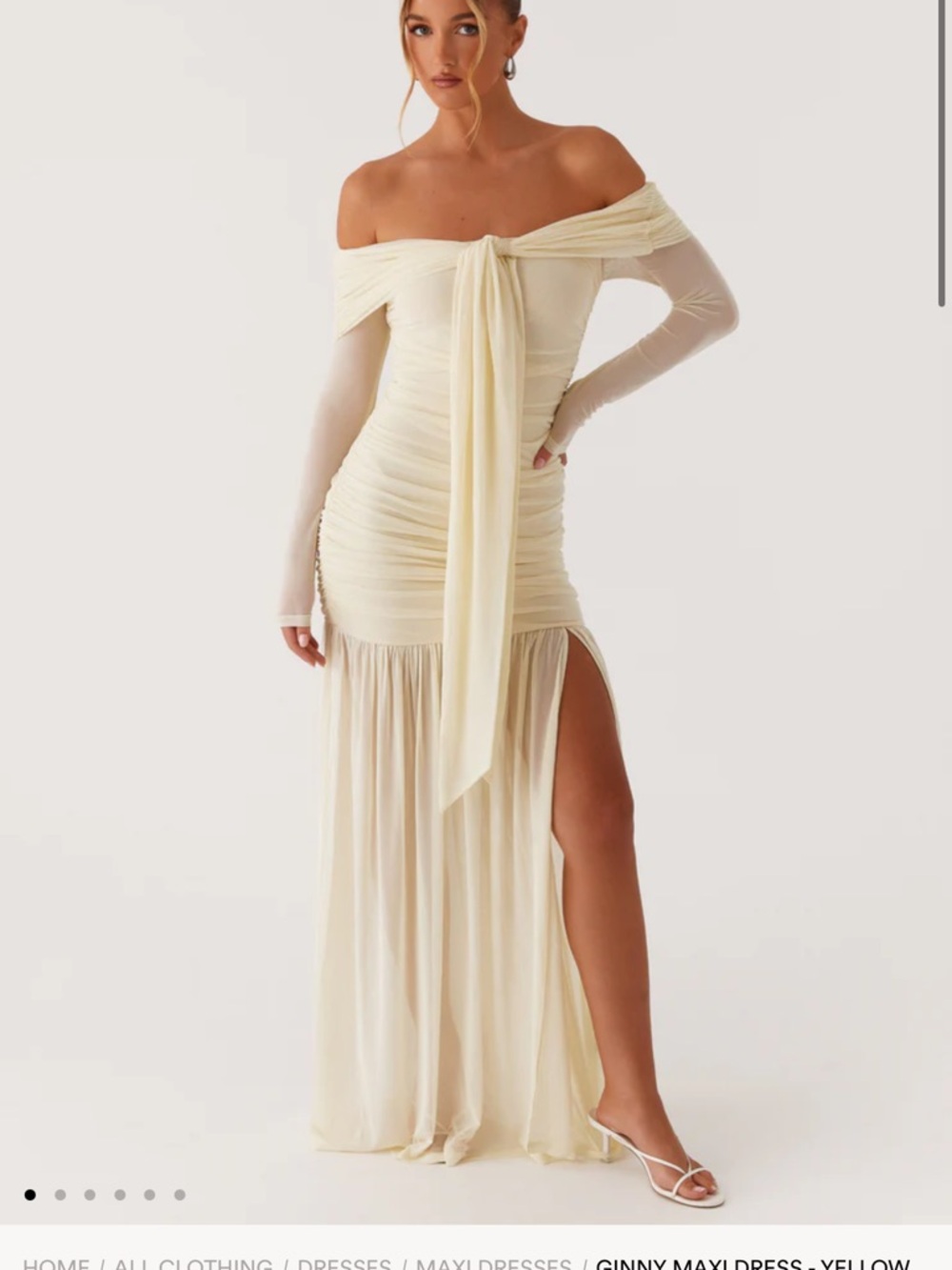 Peppermayo Cream Off-Shoulder Ruched Maxi Dress
